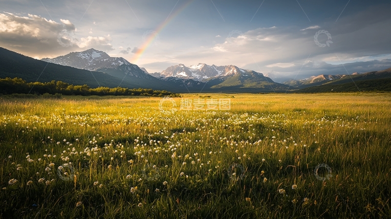 高清大图下载【趣麦麦图】雪山彩虹下的花海