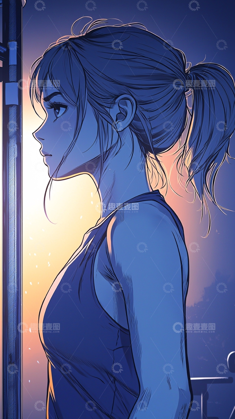 高清大图下载【趣麦麦图】夕阳下的蓝色女孩