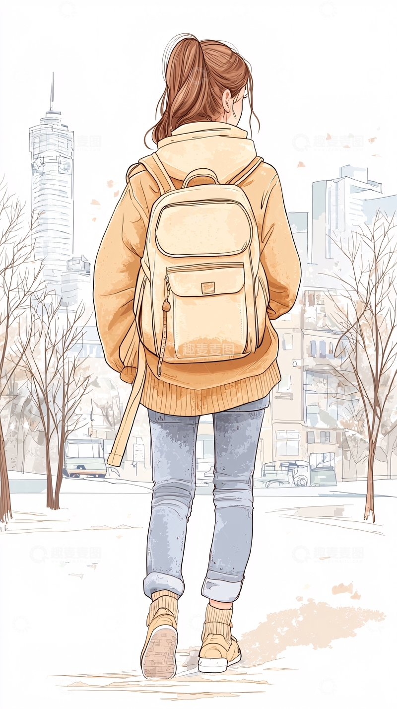 高清大图下载【趣麦麦图】冬日背影女孩插画