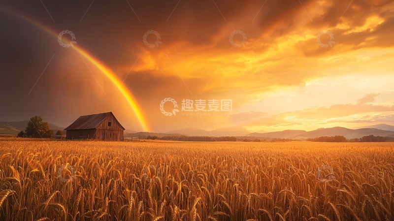 高清大图下载【趣麦麦图】彩虹下的麦田与老屋