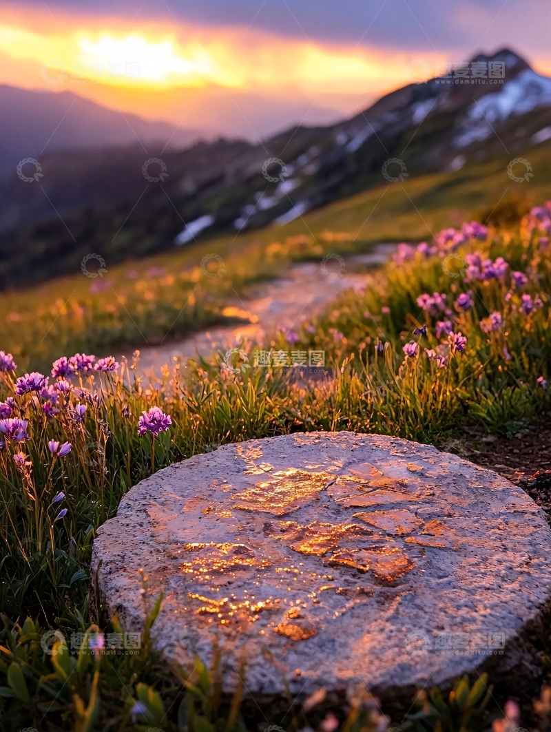高清大图下载【趣麦麦图】山间小径上的石凳与野花