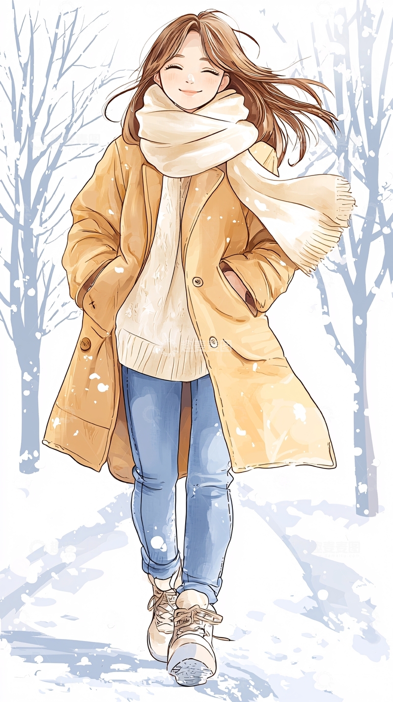 高清大图下载【趣麦麦图】冬日温暖女孩插画