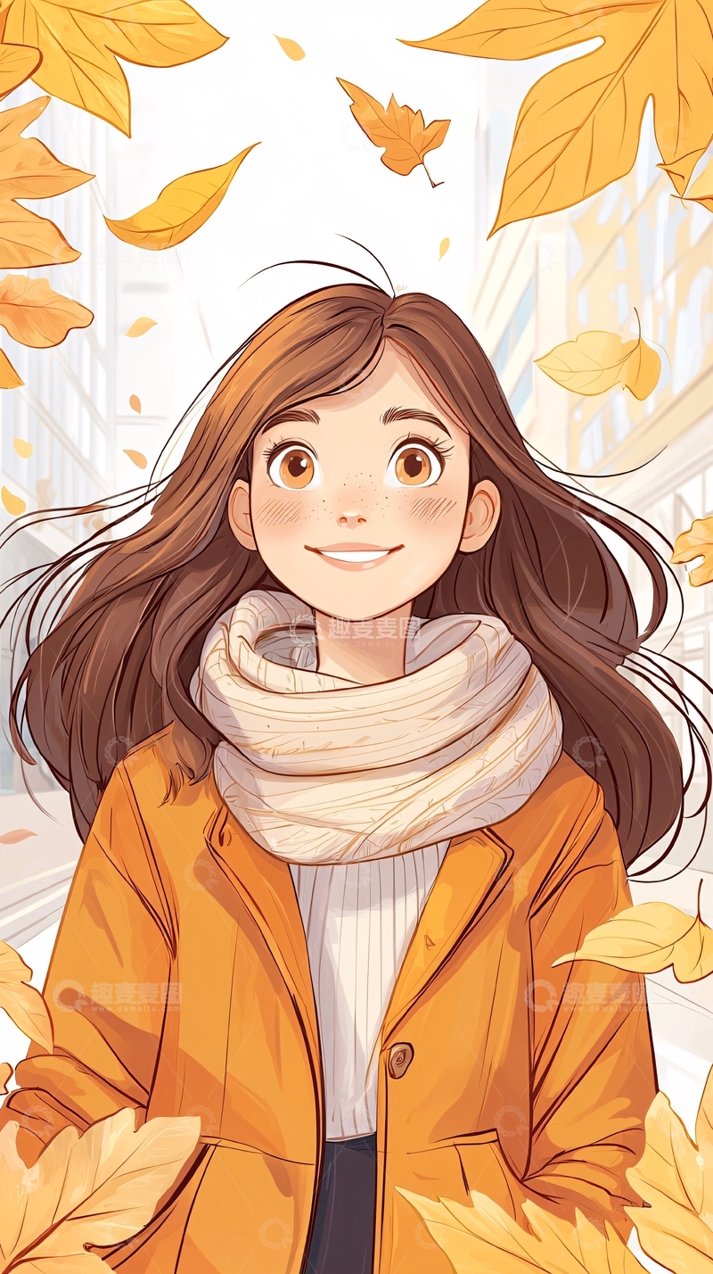 高清大图下载【趣麦麦图】秋日落叶中的微笑女孩