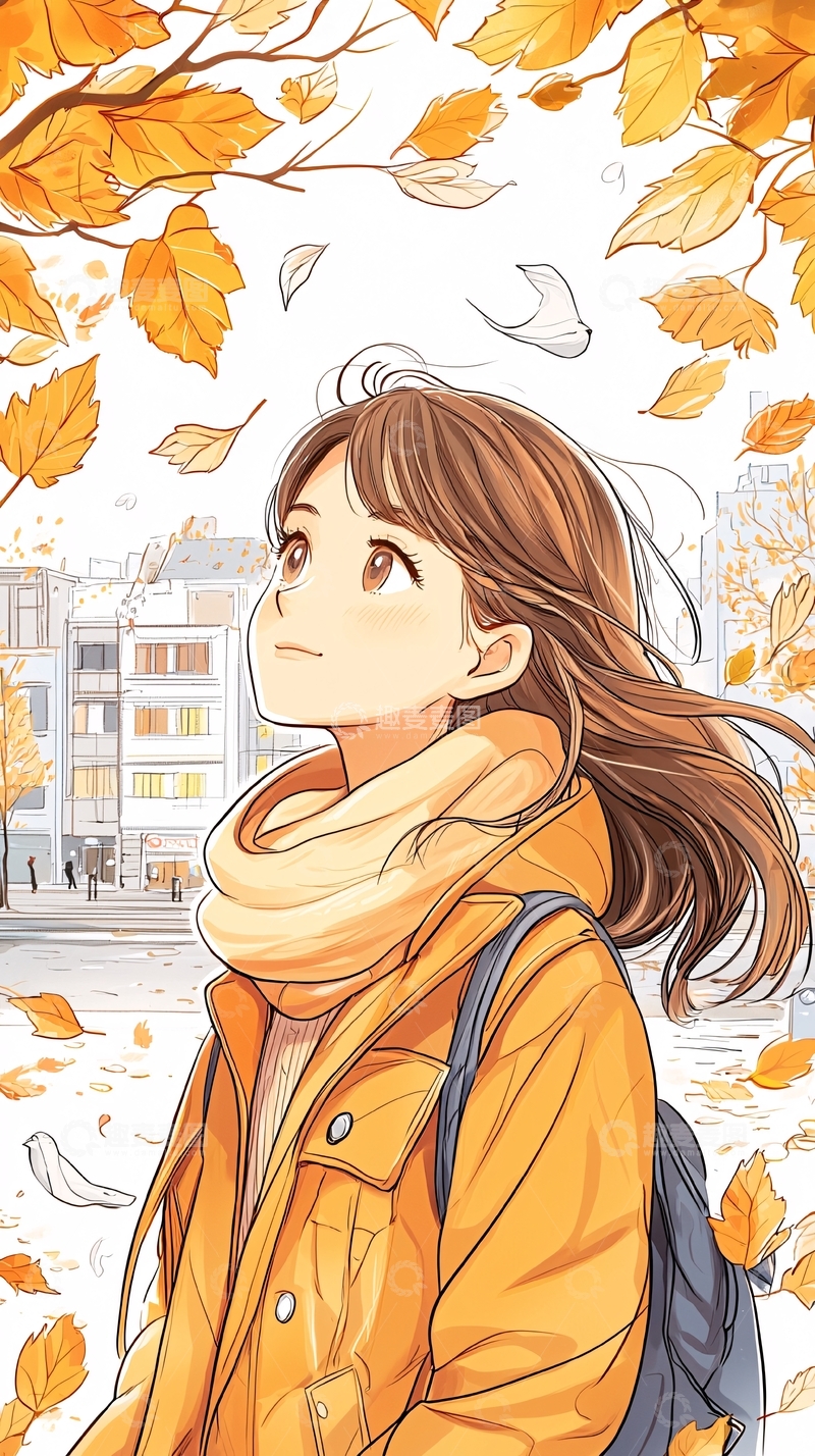高清大图下载【趣麦麦图】秋日落叶中的女孩