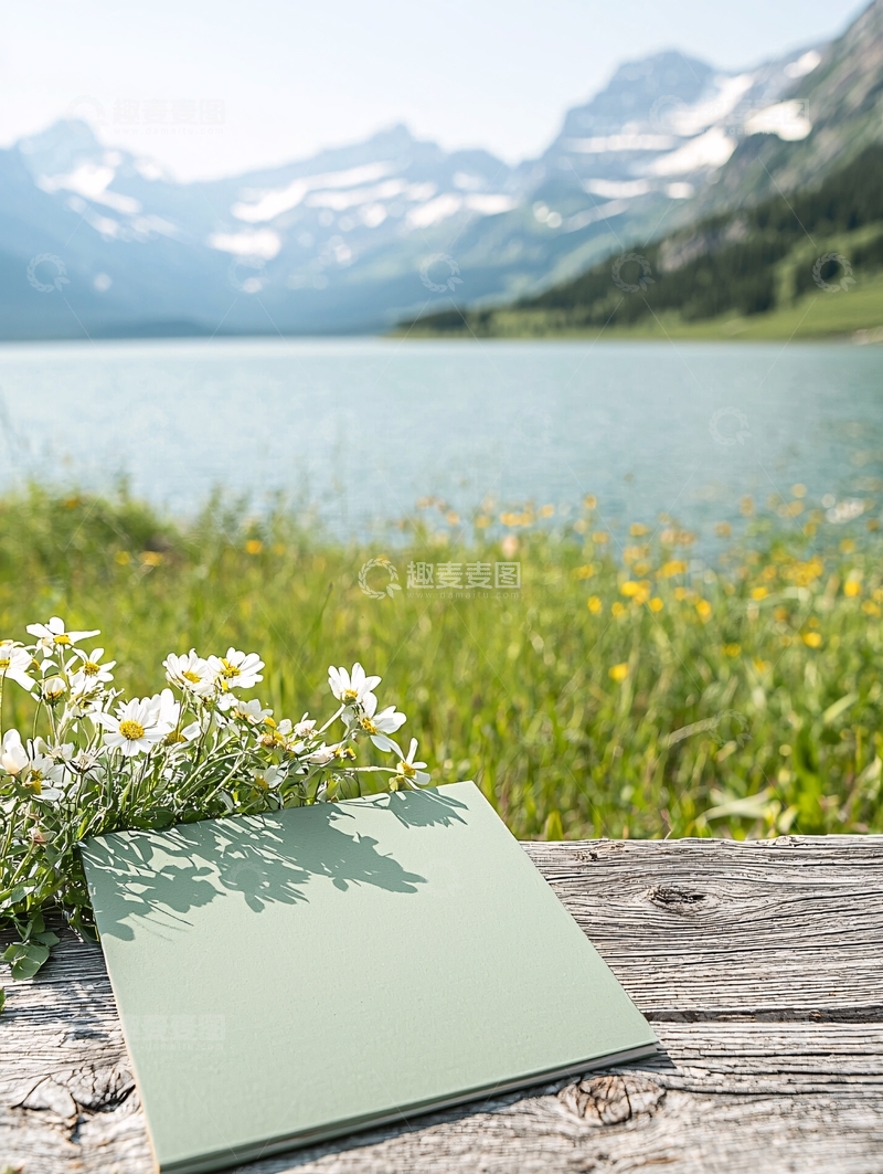 高清大图下载【趣麦麦图】湖边野花与笔记本自然风光