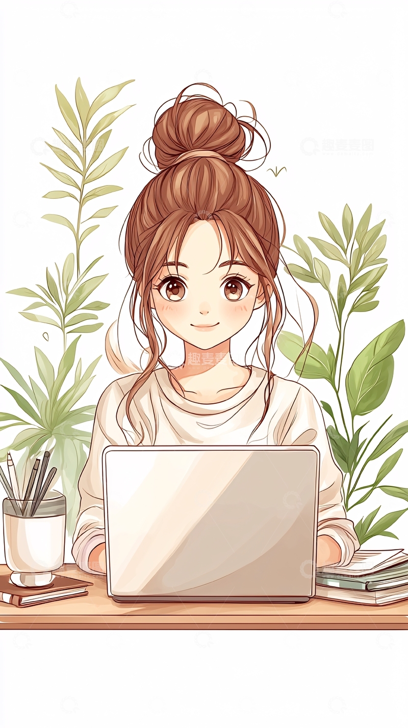 高清大图下载【趣麦麦图】温馨办公桌上的女孩插画