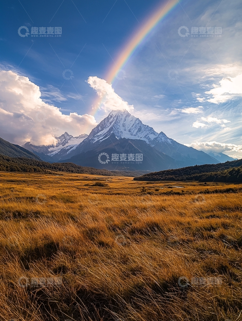 高清大图下载【趣麦麦图】雪山彩虹下的金色草原
