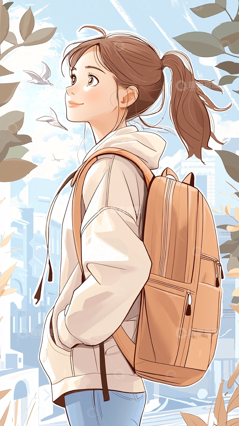 高清大图下载【趣麦麦图】背着书包的女孩插画