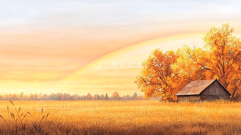 高清大图下载【趣麦麦图】秋日黄昏下的小屋与金黄田野