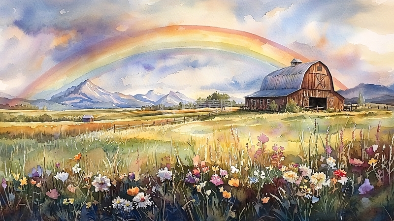 高清大图下载【趣麦麦图】彩虹下的乡村田园风光