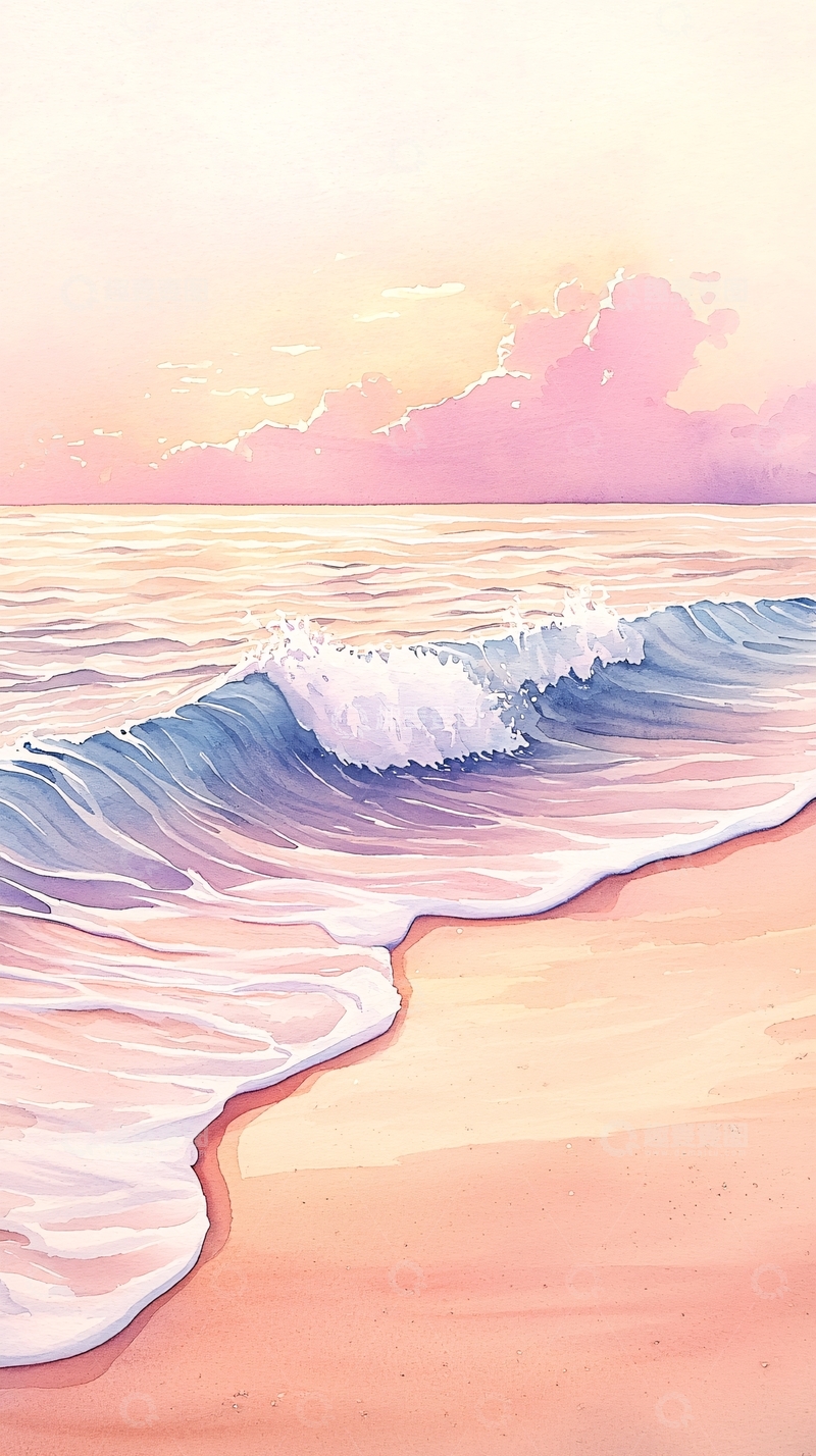 高清大图下载【趣麦麦图】粉色海滩日落海浪