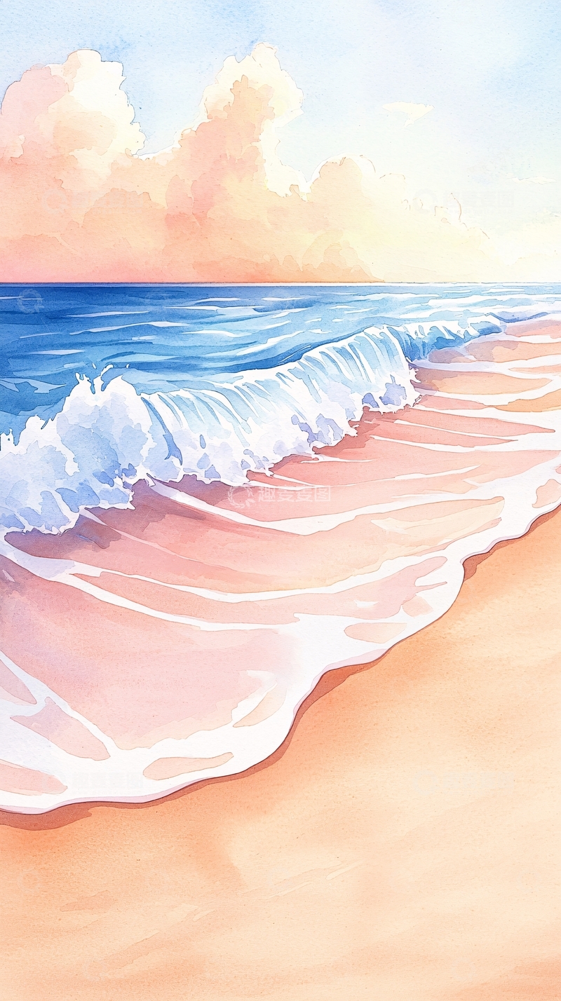 高清大图下载【趣麦麦图】海浪沙滩水彩画背景