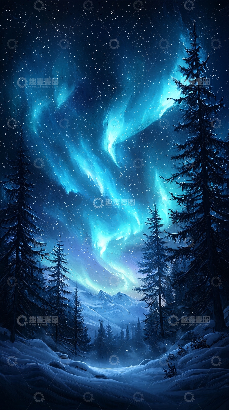 高清大图下载【趣麦麦图】冬夜森林极光风景