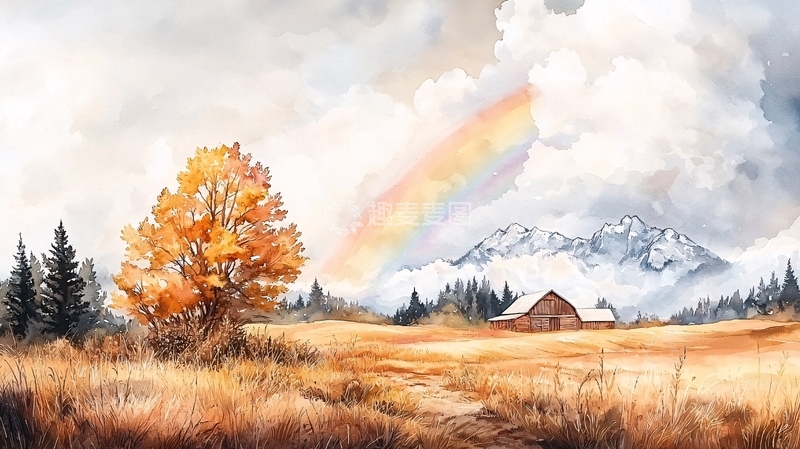 高清大图下载【趣麦麦图】秋日彩虹山间小屋