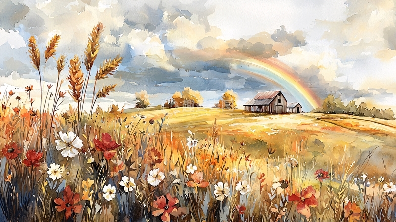 高清大图下载【趣麦麦图】彩虹下的乡村田野风景