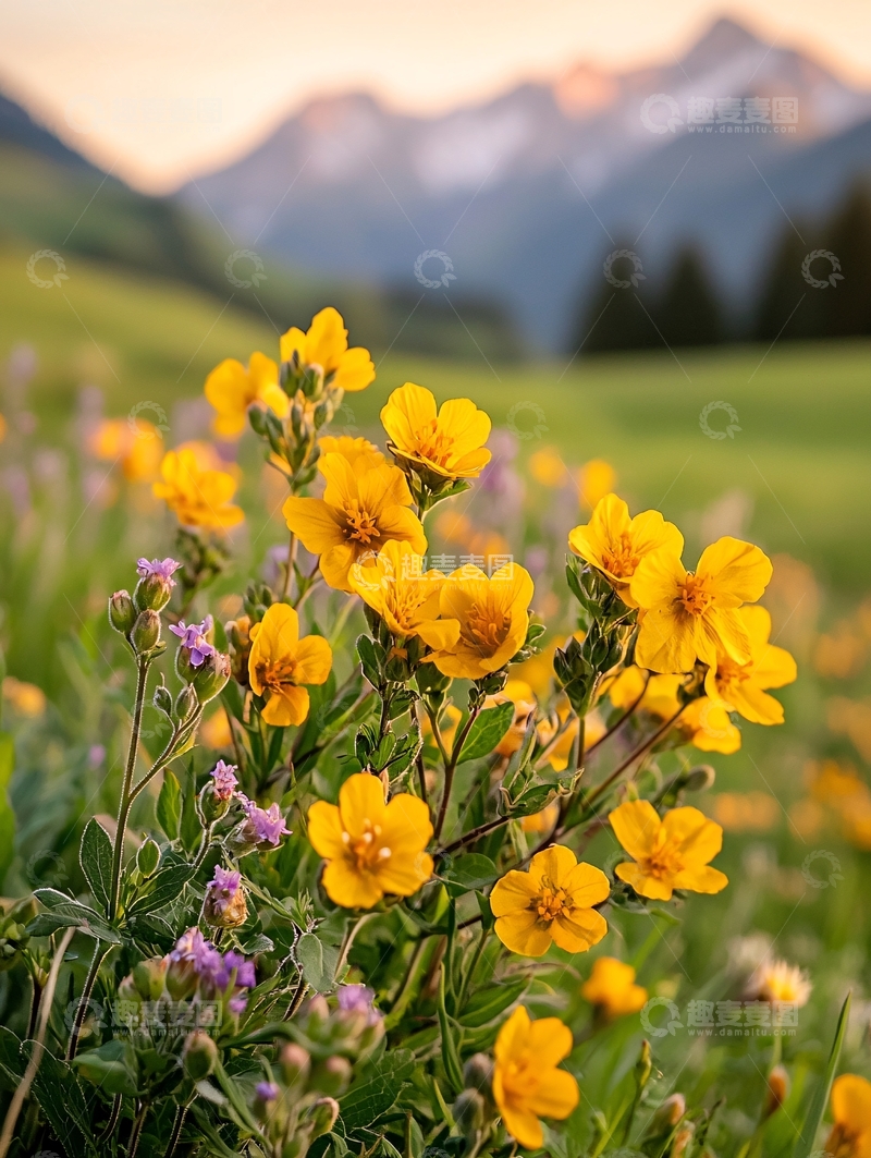 高清大图下载【趣麦麦图】山间野花与雪山美景