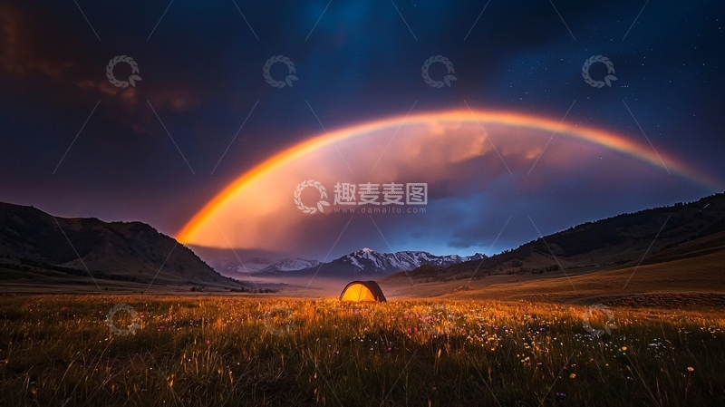 高清大图下载【趣麦麦图】夜空下的彩虹帐篷露营场景