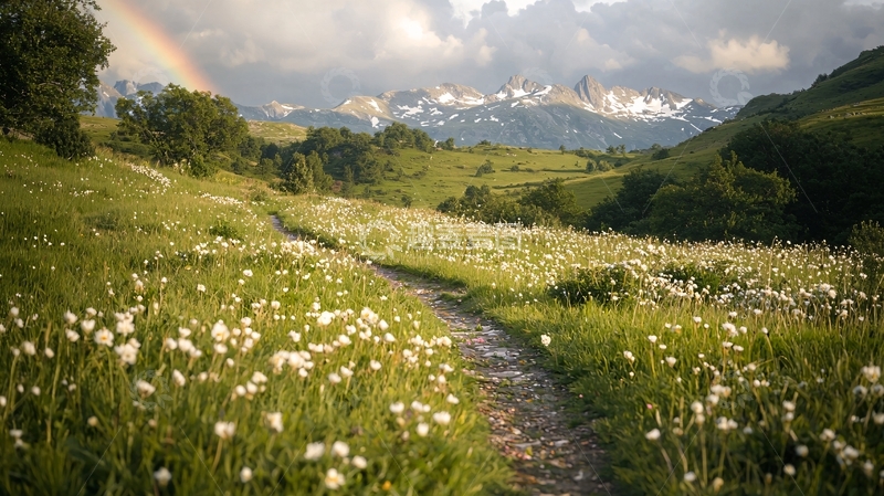 高清大图下载【趣麦麦图】山间小径与彩虹的自然美景