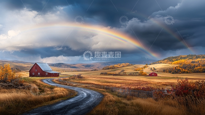 高清大图下载【趣麦麦图】彩虹下的乡村小路