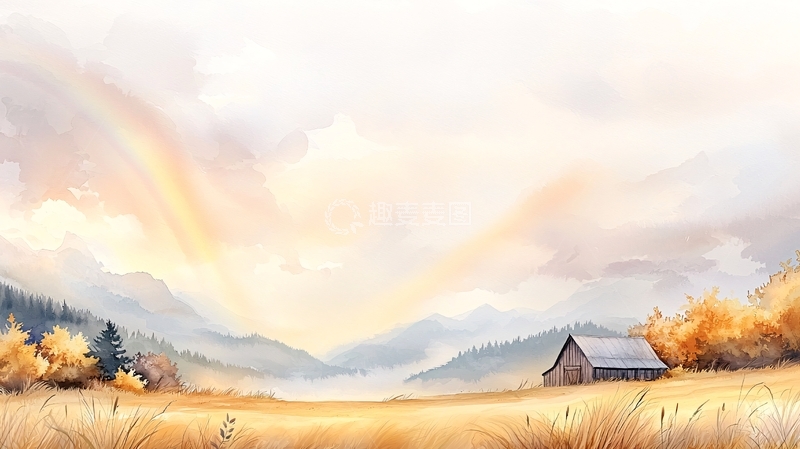 高清大图下载【趣麦麦图】秋日山间小屋与彩虹