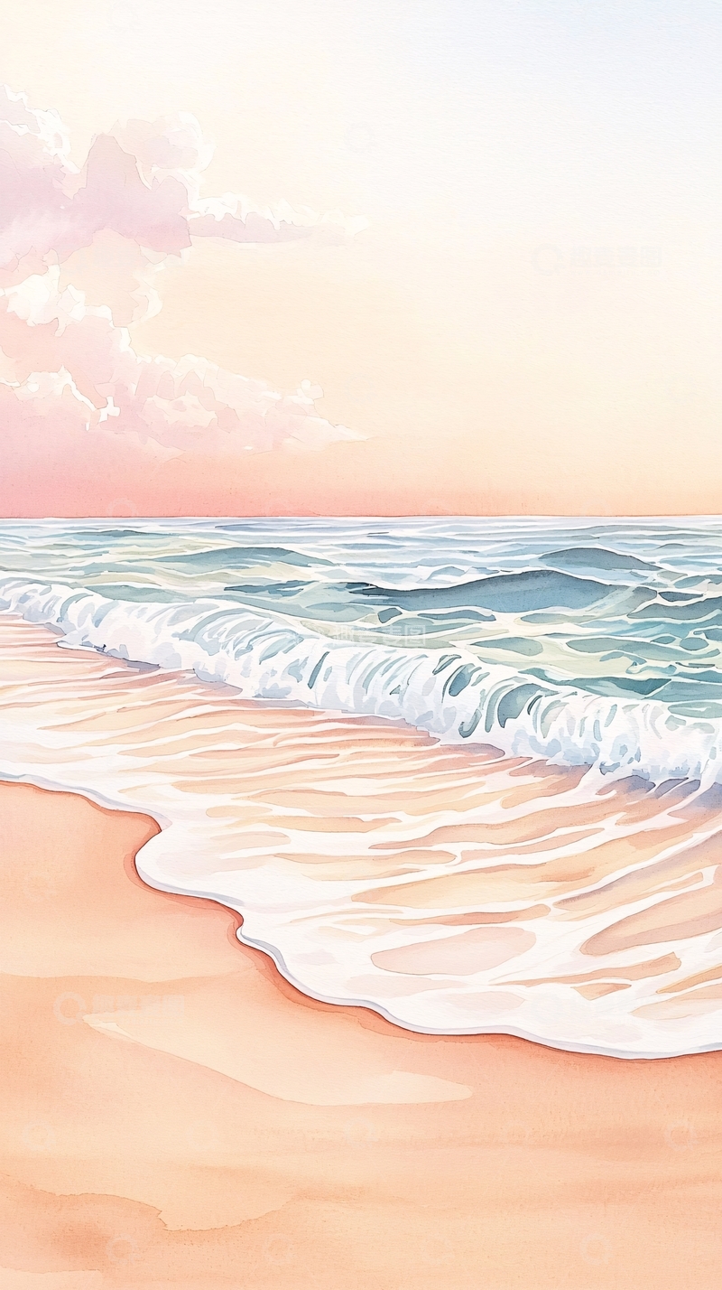 高清大图下载【趣麦麦图】海滩日落海浪水彩画