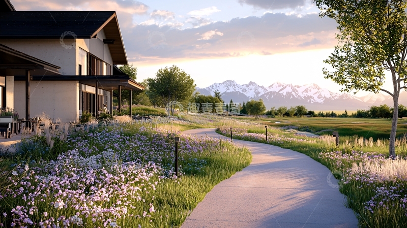 高清大图下载【趣麦麦图】山间小径与花海的宁静早晨