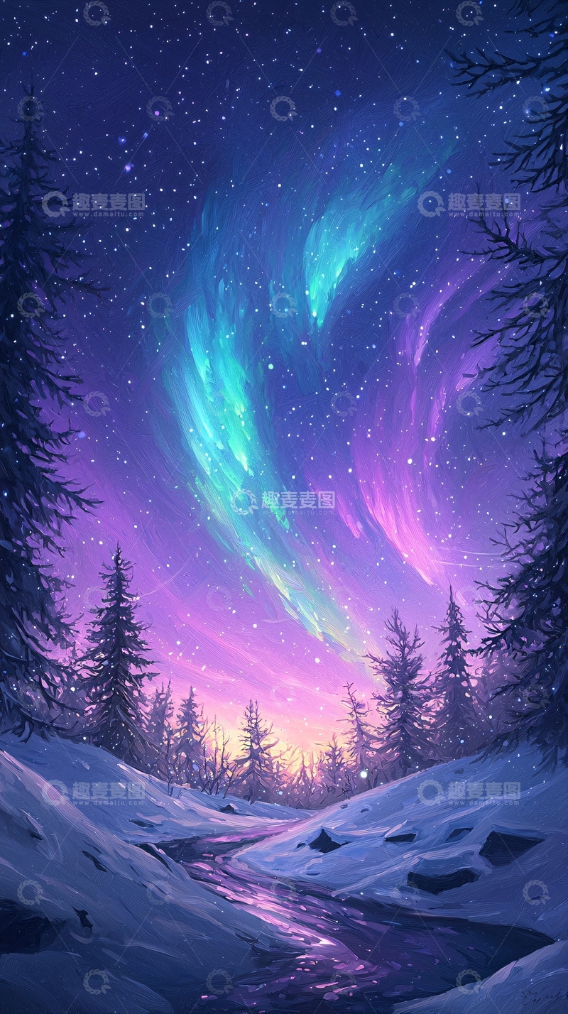高清大图下载【趣麦麦图】极光下的雪林夜景