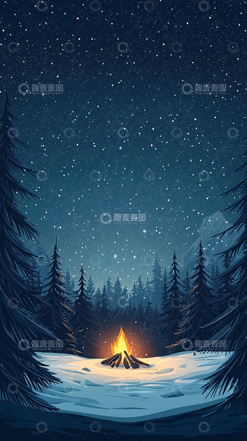 高清大图下载【趣麦麦图】冬夜森林篝火星空