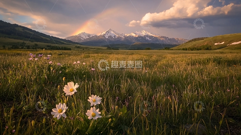高清大图下载【趣麦麦图】雪山彩虹下的野花草地