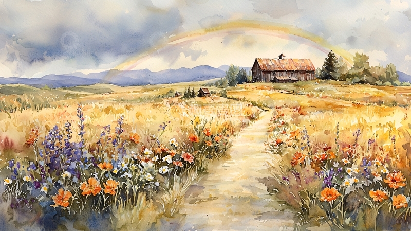 高清大图下载【趣麦麦图】彩虹下的乡村田园风光