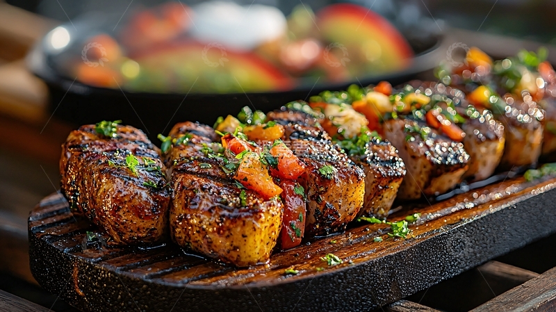高清大图下载【趣麦麦图】烤肉串配蔬菜和香草