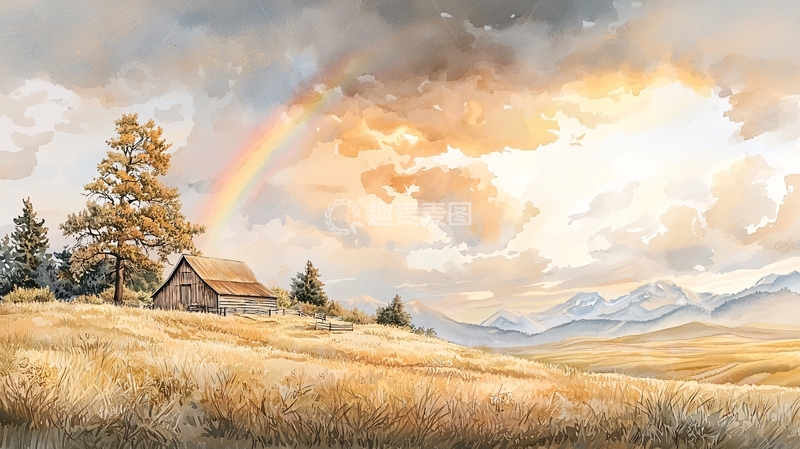 高清大图下载【趣麦麦图】彩虹山间小屋风景画