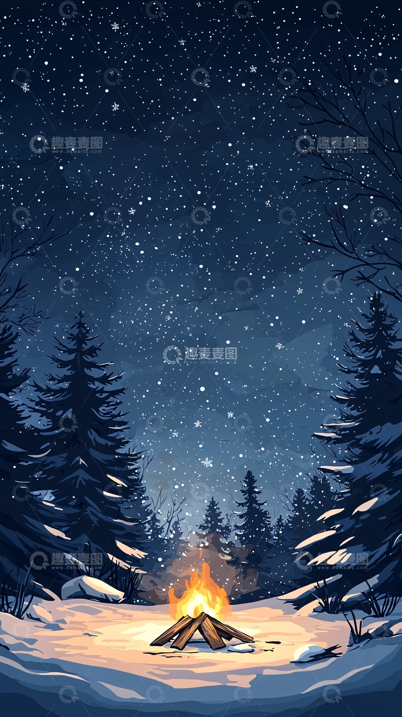 高清大图下载【趣麦麦图】冬夜篝火雪景