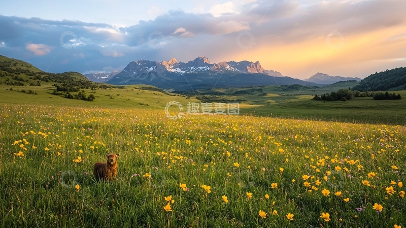 高清大图下载【趣麦麦图】夕阳下的山间草地与羊群