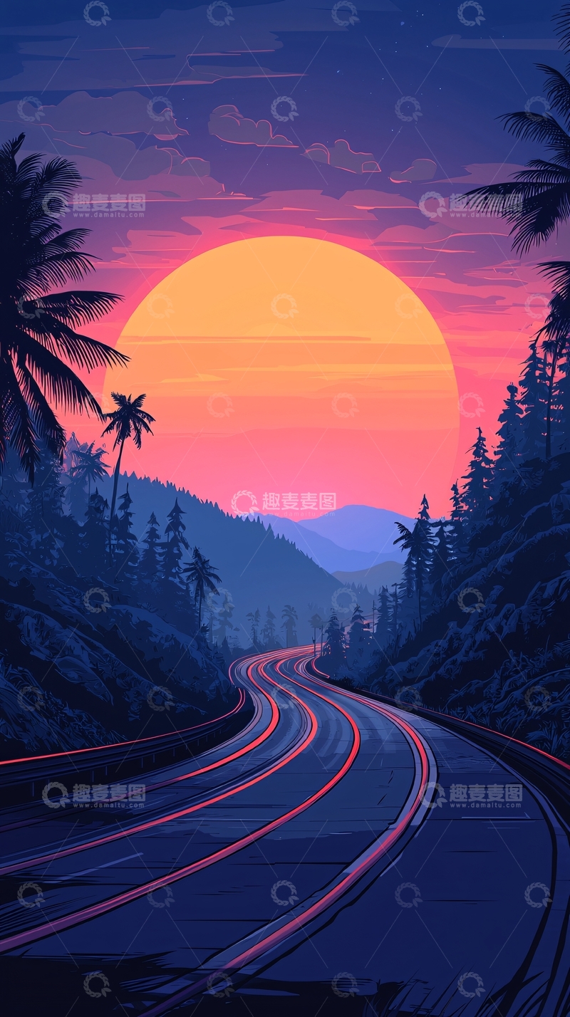 高清大图下载【趣麦麦图】夕阳下的蜿蜒公路