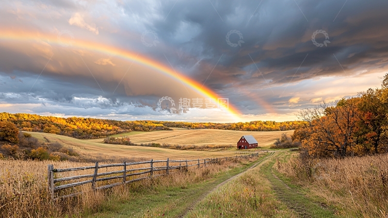 高清大图下载【趣麦麦图】彩虹下的乡村田园风光