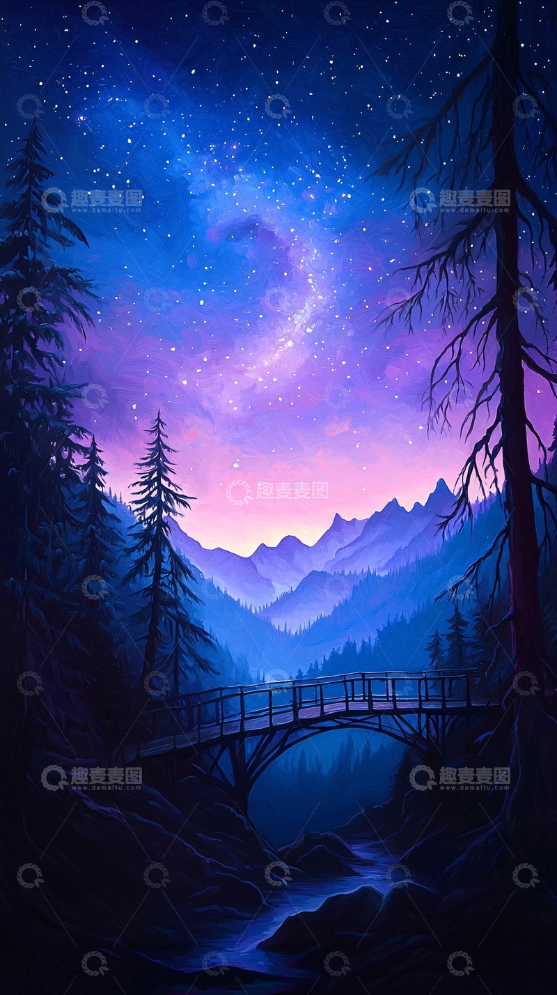 高清大图下载【趣麦麦图】夜色森林中的木桥