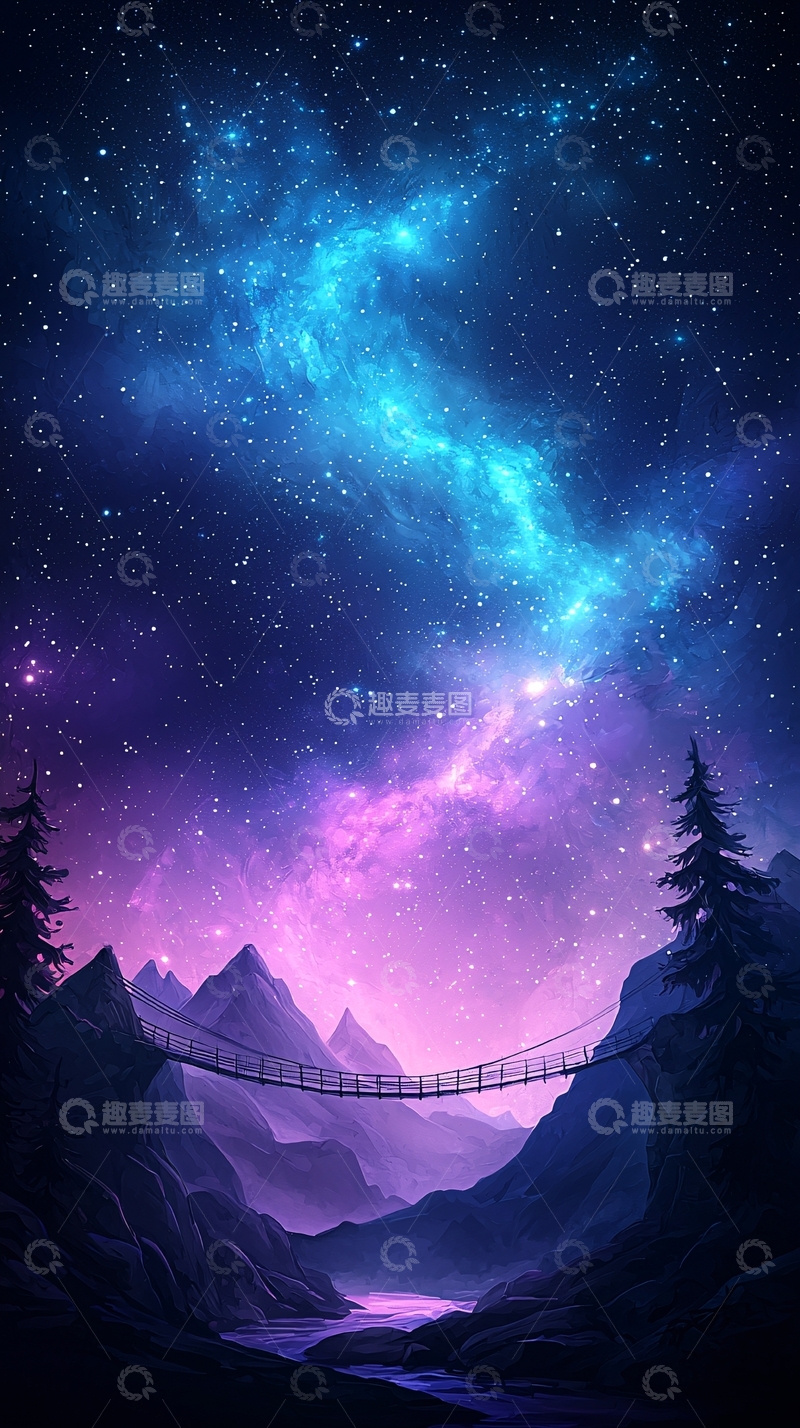 高清大图下载【趣麦麦图】梦幻星空下的山谷吊桥