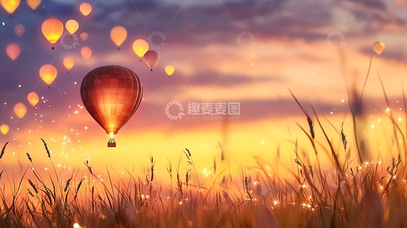 高清大图下载【趣麦麦图】热气球日落田野风景