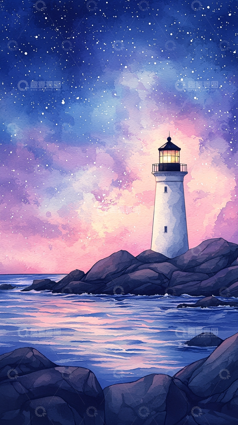 高清大图下载【趣麦麦图】梦幻夜景灯塔与星空