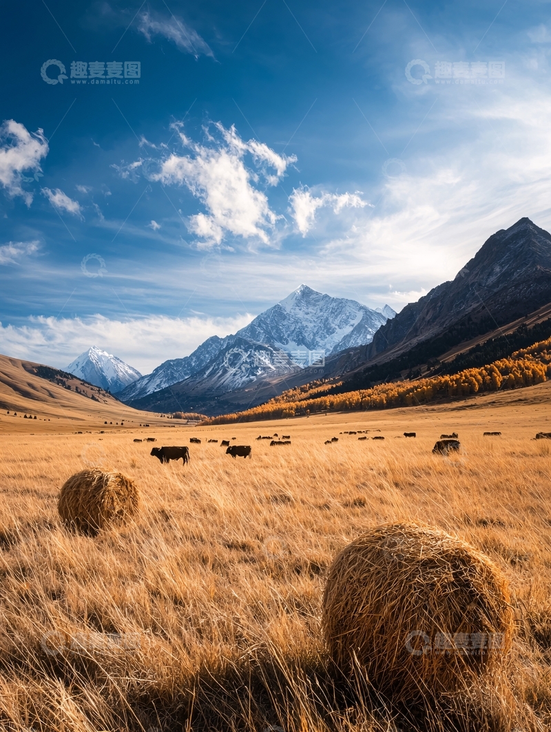 高清大图下载【趣麦麦图】秋日牧场牛羊图