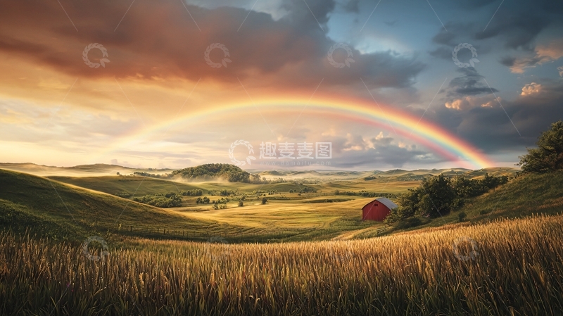 高清大图下载【趣麦麦图】彩虹下的田园风光