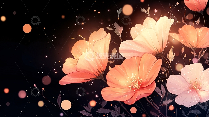 高清大图下载【趣麦麦图】梦幻夜空下的花朵插画