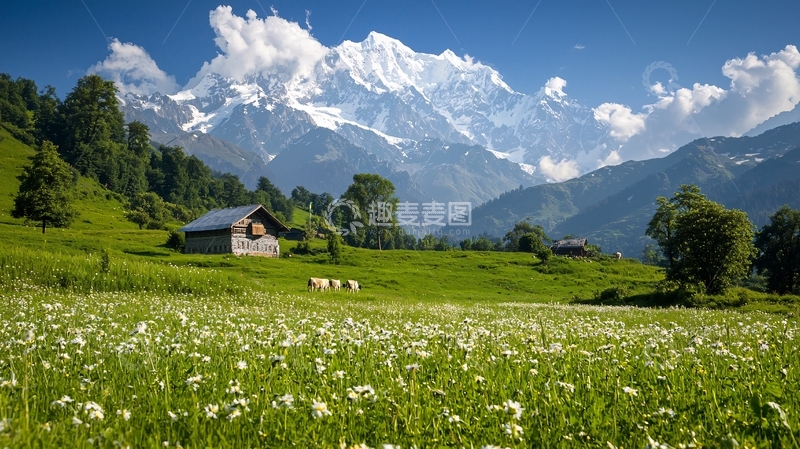 高清大图下载【趣麦麦图】阿尔卑斯山下的田园风光