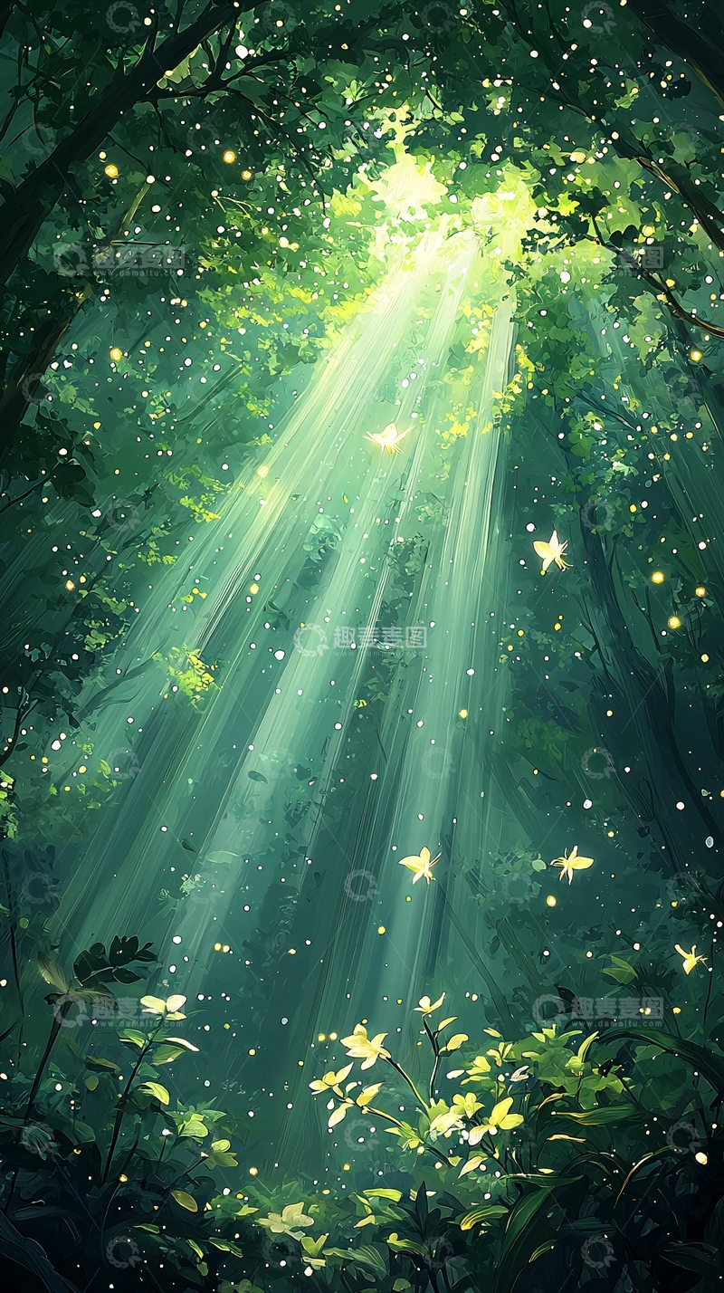 高清大图下载【趣麦麦图】森林中的光束与萤火虫