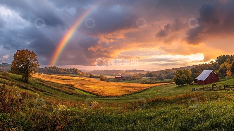 高清大图下载【趣麦麦图】彩虹下的乡村田园风光