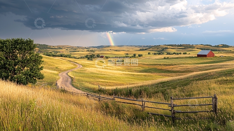 高清大图下载【趣麦麦图】彩虹下的田园风光