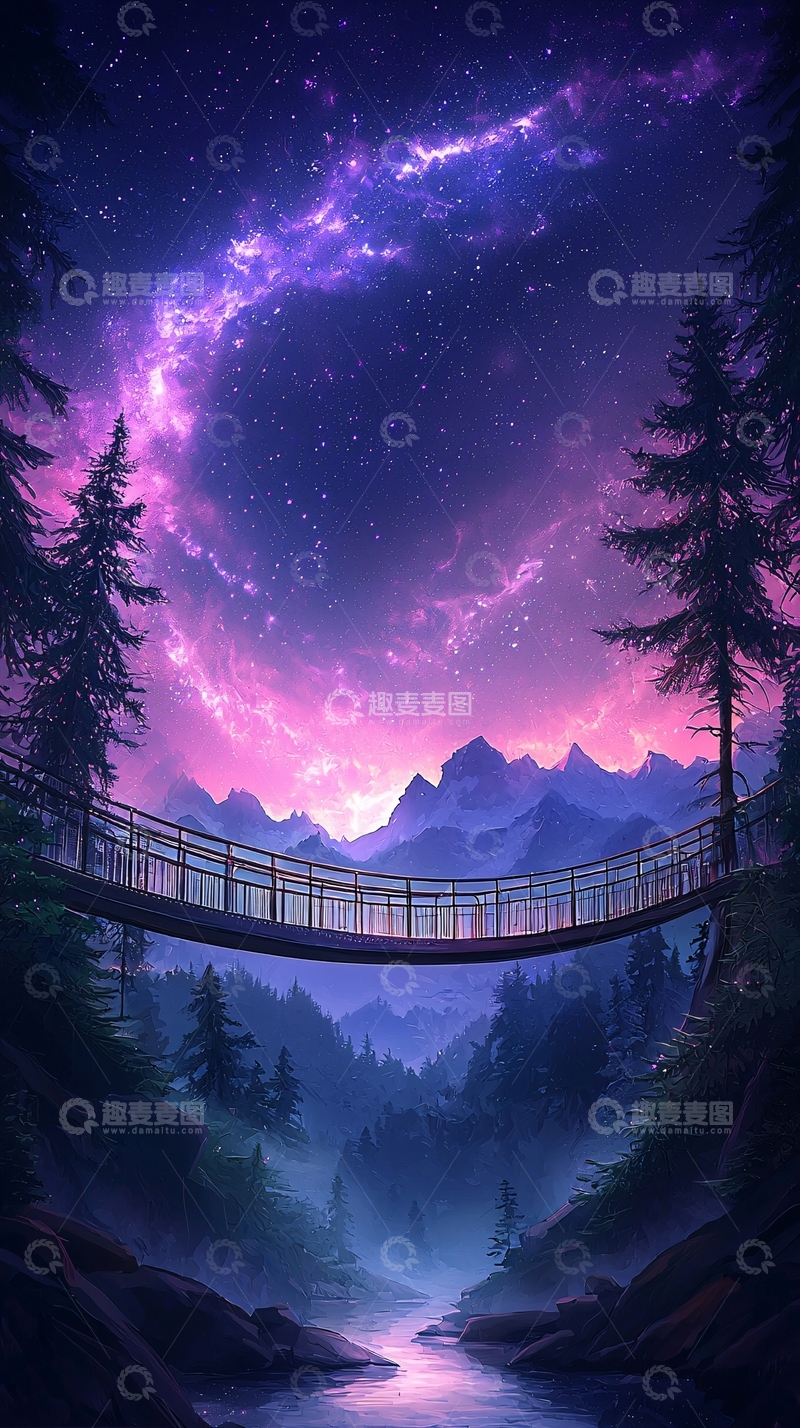 高清大图下载【趣麦麦图】梦幻星空下的悬桥