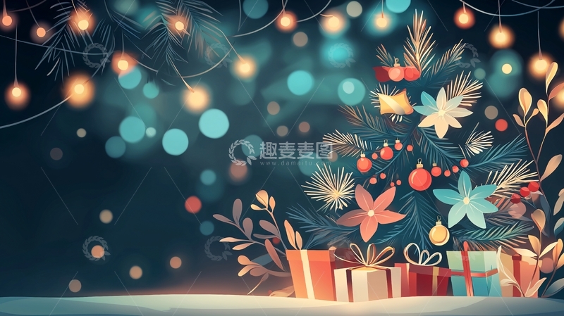 高清大图下载【趣麦麦图】圣诞树礼物盒灯光背景
