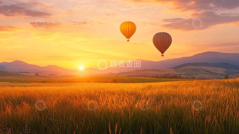 高清大图下载【趣麦麦图】夕阳下的热气球与麦田
